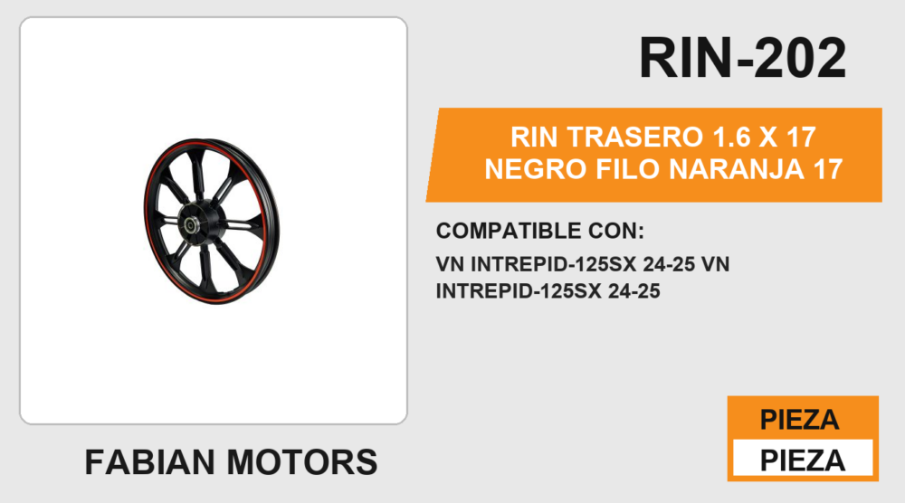 RIN TRASERO 1.6 X 17 NEGRO FILO NARANJA 17