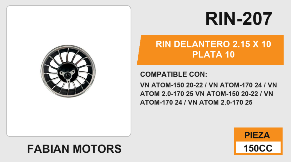 RIN DELANTERO 2.15 X 10 PLATA 10