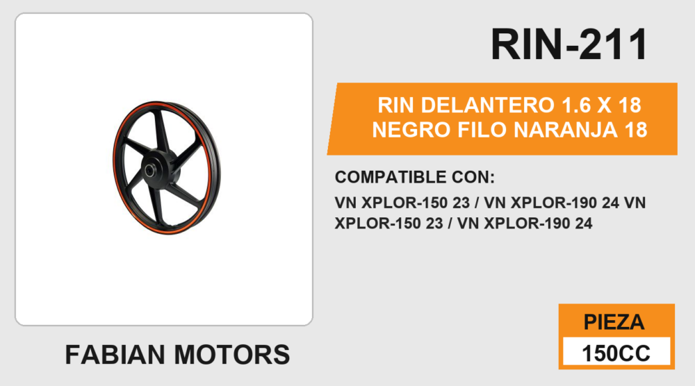 RIN DELANTERO 1.6 X 18 NEGRO FILO NARANJA 18