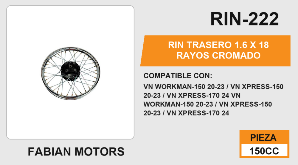 RIN TRASERO 1.6 X 18 RAYOS CROMADO
