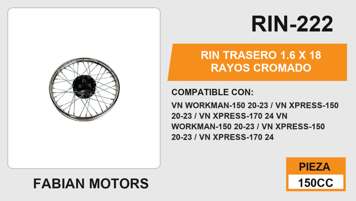 RIN TRASERO 1.6 X 18 RAYOS CROMADO