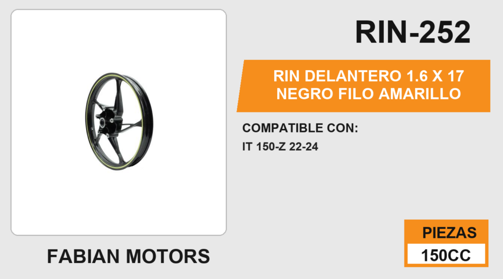 RIN DELANTERO 1.6 X 17 NEGRO FILO AMARILLO