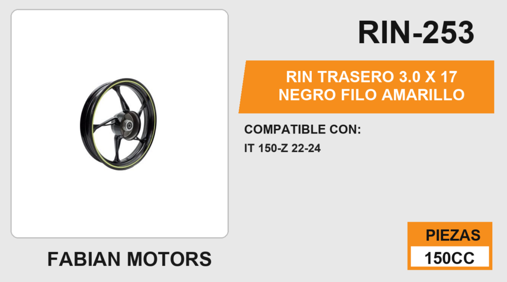 RIN TRASERO 3.0 X 17 NEGRO FILO AMARILLO