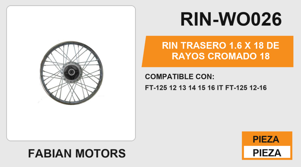 RIN TRASERO 1.6 X 18 DE RAYOS CROMADO 18"