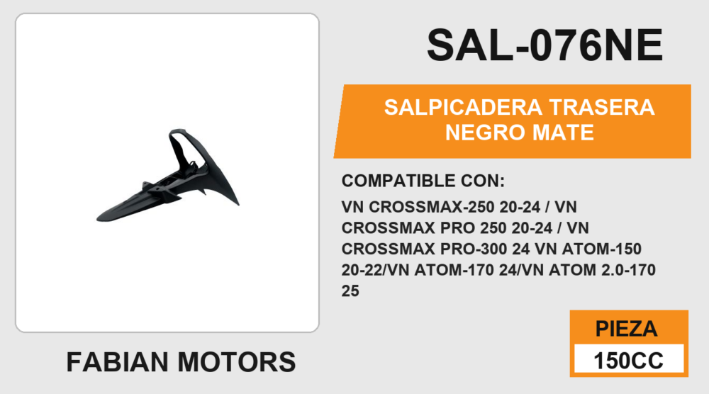 SALPICADERA TRASERA NEGRO MATE VN CROSSMAX-250 20-24/VN CROSSMAX PRO 250 20-24/VN CROSSMAX PRO-300 24