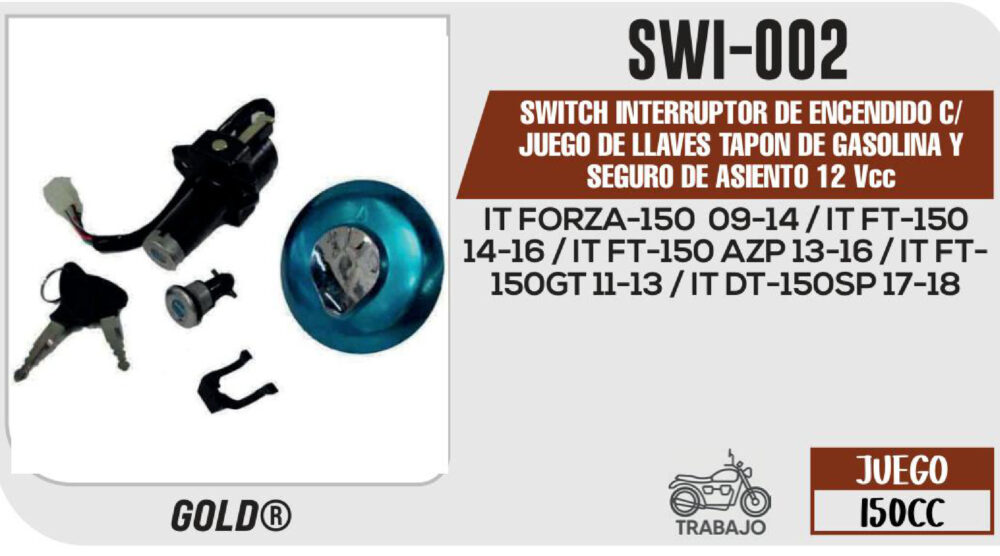 SWITCH INTERRUPTOR DE ENCENDIDO TAPON DE GASOLINA Y SEGURO DE ASIENTO 12Vcc C/JUEGO DE LLAVES