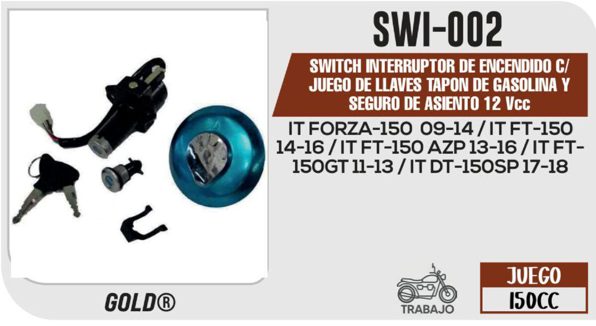 SWITCH INTERRUPTOR DE ENCENDIDO TAPON DE GASOLINA Y SEGURO DE ASIENTO 12Vcc C/JUEGO DE LLAVES