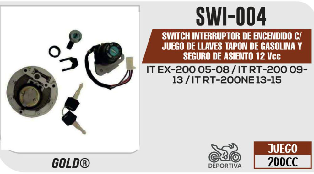 SWITCH INTERRUPTOR DE ENCENDIDO TAPON DE GASOLINA Y SEGURO DE ASIENTO 12Vcc C/JUEGO DE LLAVES