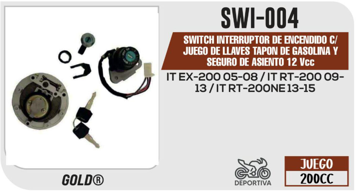 SWITCH INTERRUPTOR DE ENCENDIDO TAPON DE GASOLINA Y SEGURO DE ASIENTO 12Vcc C/JUEGO DE LLAVES