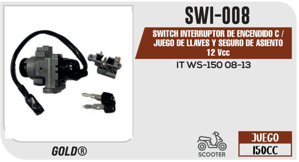 SWITCH INTERRUPTOR DE ENCENDIDO Y SEGURO DE ASIENTO 12Vcc CON JUEGO DE LLAVES