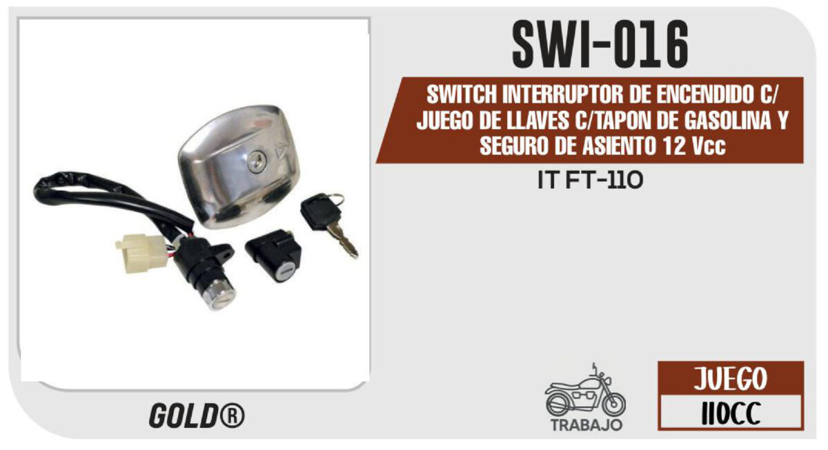 SWITCH INTERRUPTOR DE ENCENDIDO TAPON DE GASOLINA Y SEGURO DE ASIENTO 12Vcc C/JUEGO DE LLAVES