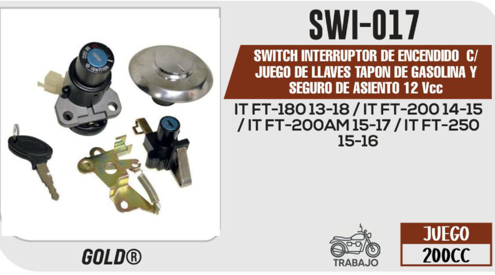 SWITCH INTERRUPTOR DE ENCENDIDO TAPON DE GASOLINA Y SEGURO DE ASIENTO 12Vcc C/JUEGO DE LLAVES