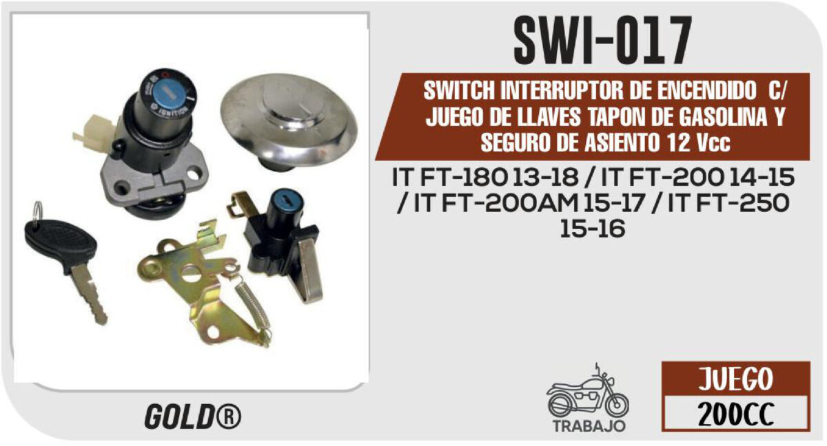 SWITCH INTERRUPTOR DE ENCENDIDO TAPON DE GASOLINA Y SEGURO DE ASIENTO 12Vcc C/JUEGO DE LLAVES