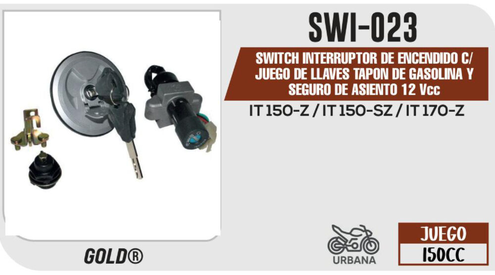 SWITCH INTERRUPTOR DE ENCENDIDO TAPON DE GASOLINA Y SEGURO DE ASIENTO 12Vcc C/JUEGO DE LLAVES