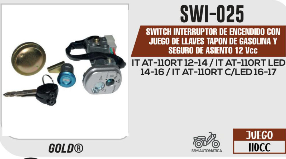 SWITCH INTERRUPTOR DE ENCENDIDO TAPON DE GASOLINA Y SEGURO DE ASIENTO 12Vcc C/JUEGO DE LLAVES