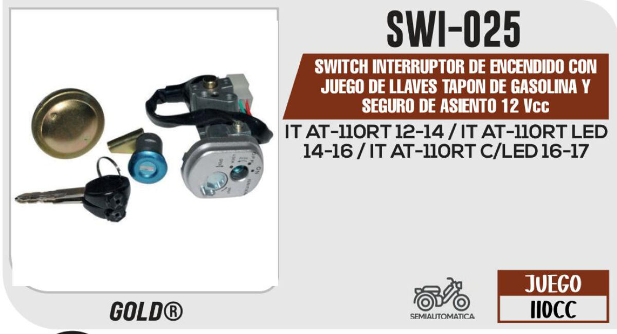 SWITCH INTERRUPTOR DE ENCENDIDO TAPON DE GASOLINA Y SEGURO DE ASIENTO 12Vcc C/JUEGO DE LLAVES