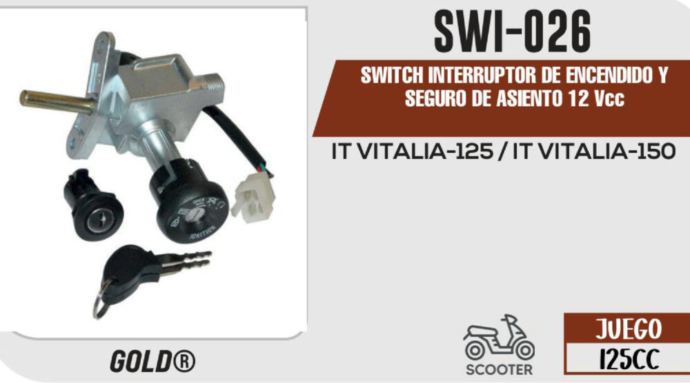 SWITCH INTERRUPTOR DE ENCENDIDO Y SEGURO DE ASIENTO 12Vcc CON JUEGO DE LLAVES
