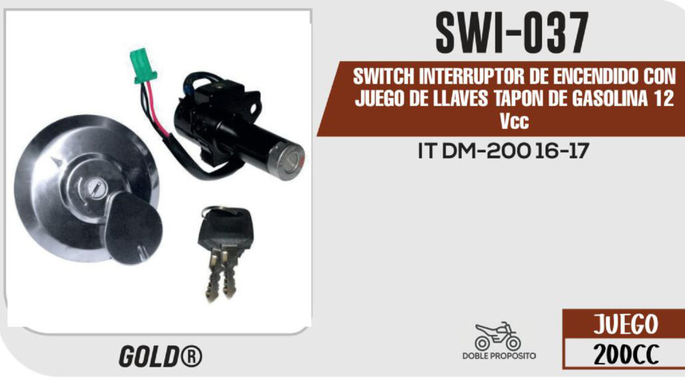 SWITCH INTERRUPTOR DE ENCENDIDO TAPON DE GASOLINA 12Vcc C/JUEGO DE LLAVES
