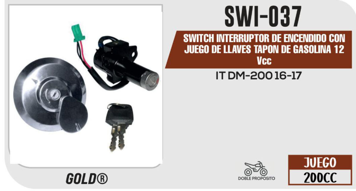 SWITCH INTERRUPTOR DE ENCENDIDO TAPON DE GASOLINA 12Vcc C/JUEGO DE LLAVES
