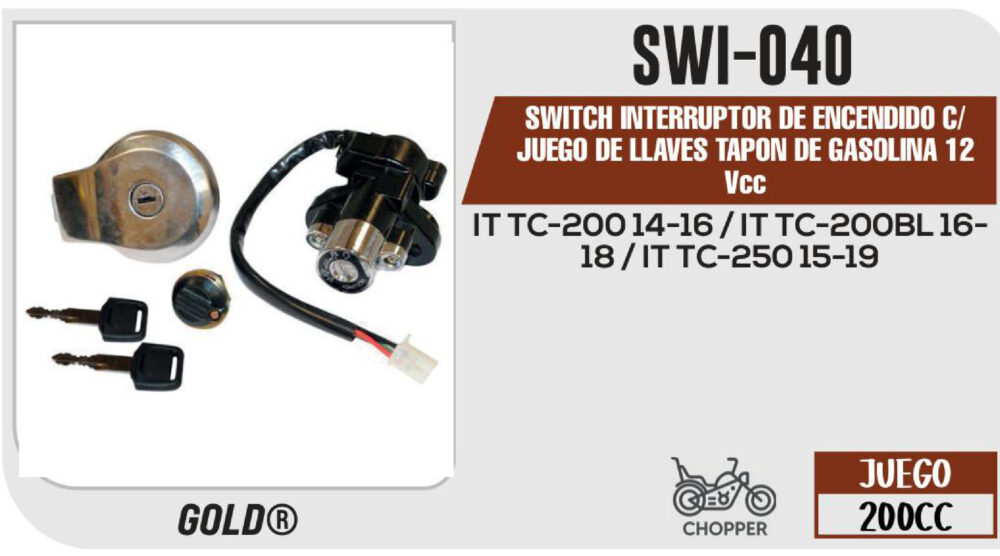 SWITCH INTERRUPTOR DE ENCENDIDO C/JUEGO DE LLAVES TAPON DE GASOLINA 12Vcc