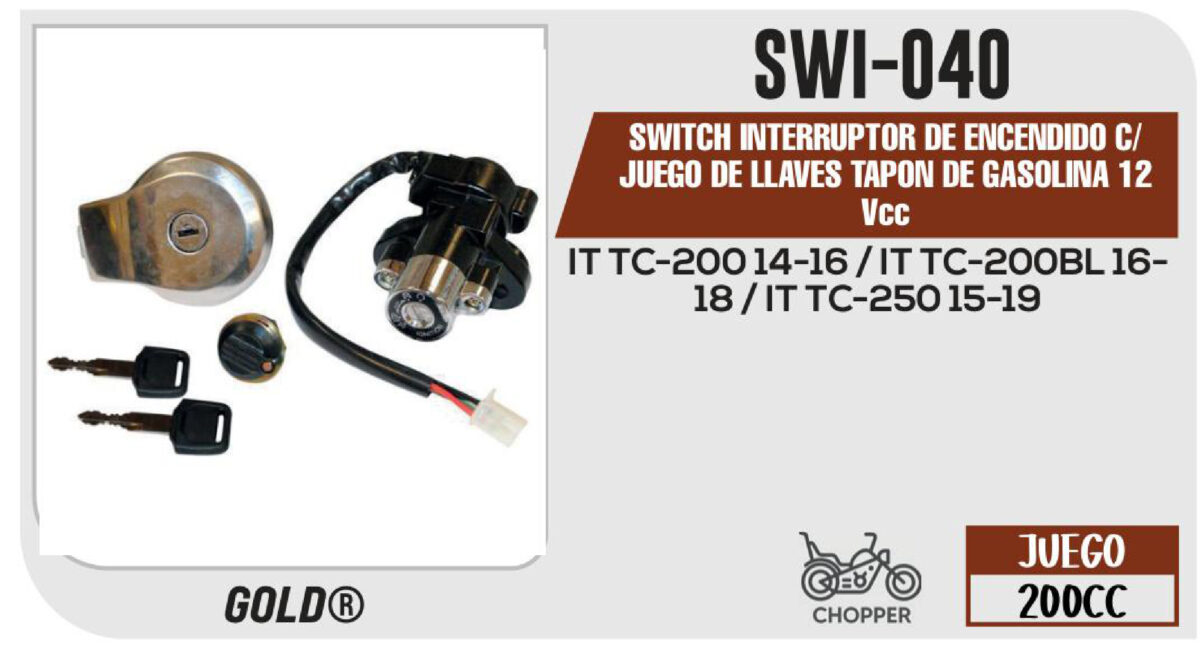SWITCH INTERRUPTOR DE ENCENDIDO C/JUEGO DE LLAVES TAPON DE GASOLINA 12Vcc