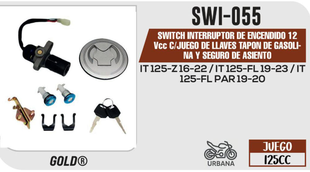 SWITCH INTERRUPTOR DE ENCENDIDO TAPON DE GASOLINA Y SEGURO DE ASIENTO 12Vcc C/JUEGO DE LLAVES