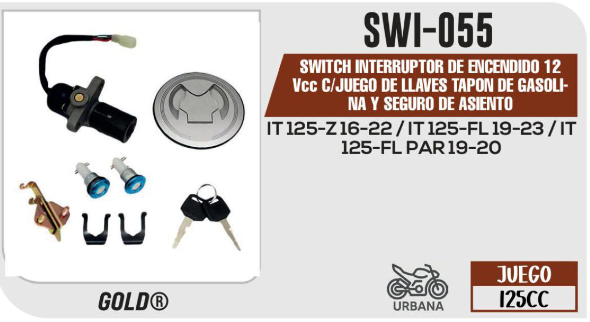 SWITCH INTERRUPTOR DE ENCENDIDO TAPON DE GASOLINA Y SEGURO DE ASIENTO 12Vcc C/JUEGO DE LLAVES