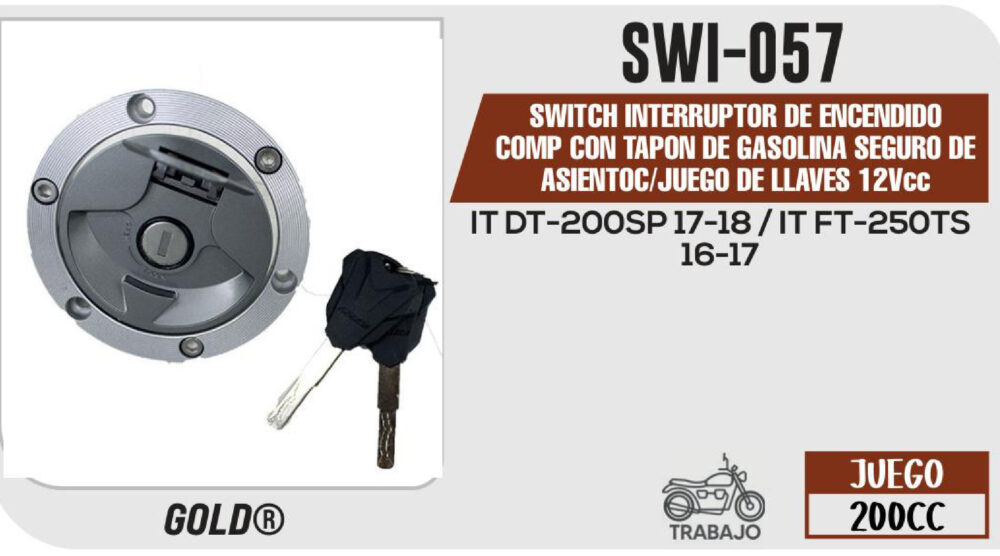 SWITCH INTERRUPTOR DE ENCENDIDO TAPON DE GASOLINA Y SEGURO DE ASIENTO 12Vcc C/JUEGO DE LLAVES
