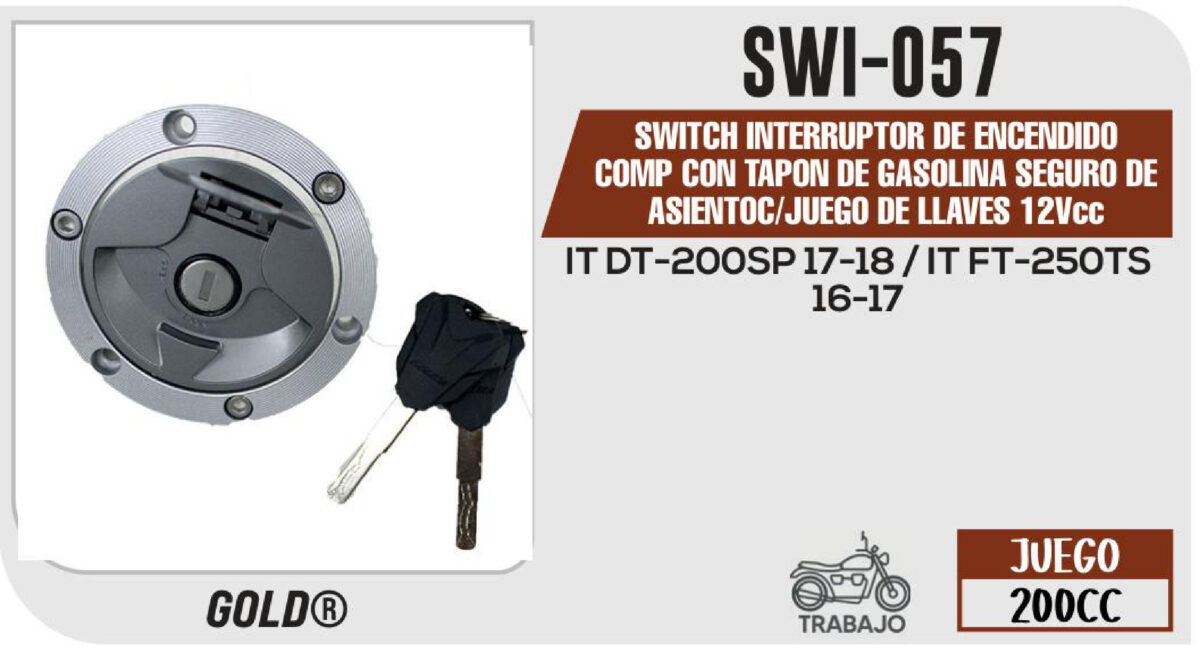 SWITCH INTERRUPTOR DE ENCENDIDO TAPON DE GASOLINA Y SEGURO DE ASIENTO 12Vcc C/JUEGO DE LLAVES