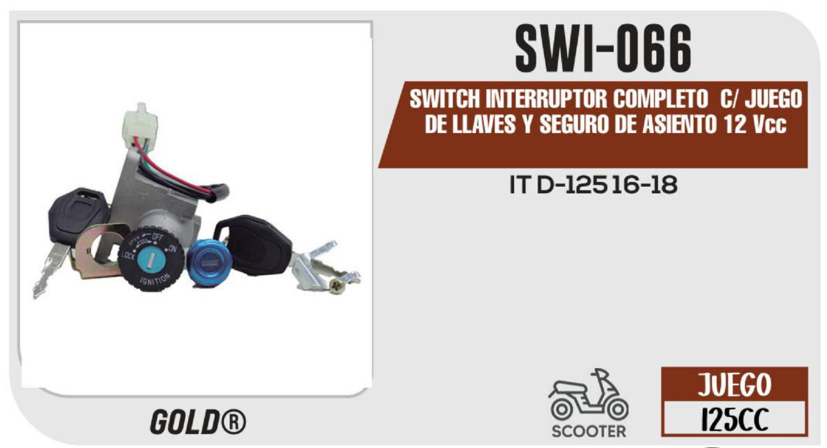 SWITCH INTERRUPTOR DE ENCENDIDO Y SEGURO DE ASIENTO 12Vcc CON JUEGO DE LLAVES