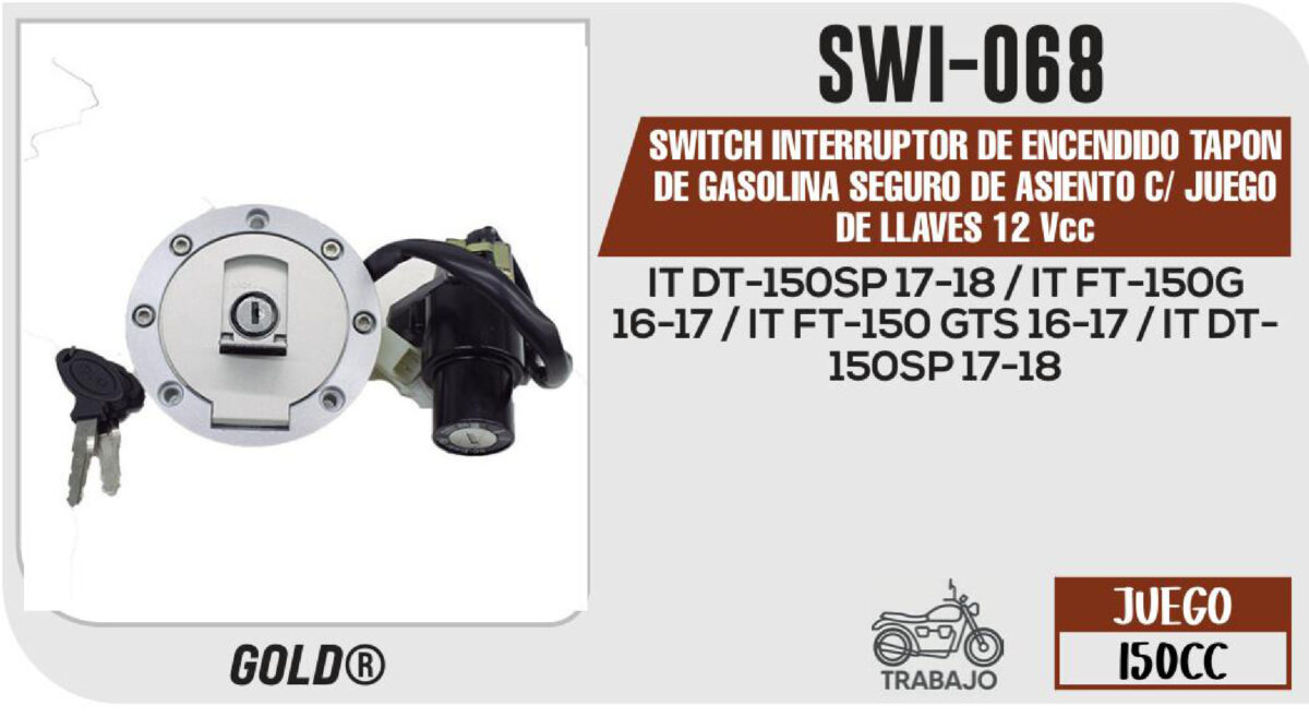 SWITCH INTERRUPTOR DE ENCENDIDO TAPON DE GASOLINA Y SEGURO DE ASIENTO 12Vcc C/JUEGO DE LLAVES