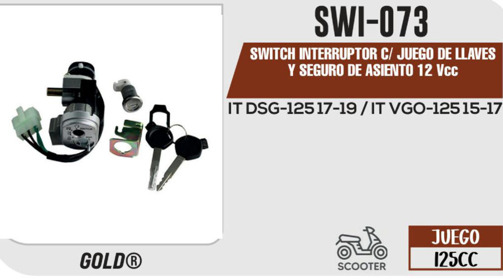 SWITCH INTERRUPTOR DE ENCENDIDO Y SEGURO DE ASIENTO 12Vcc CON JUEGO DE LLAVES