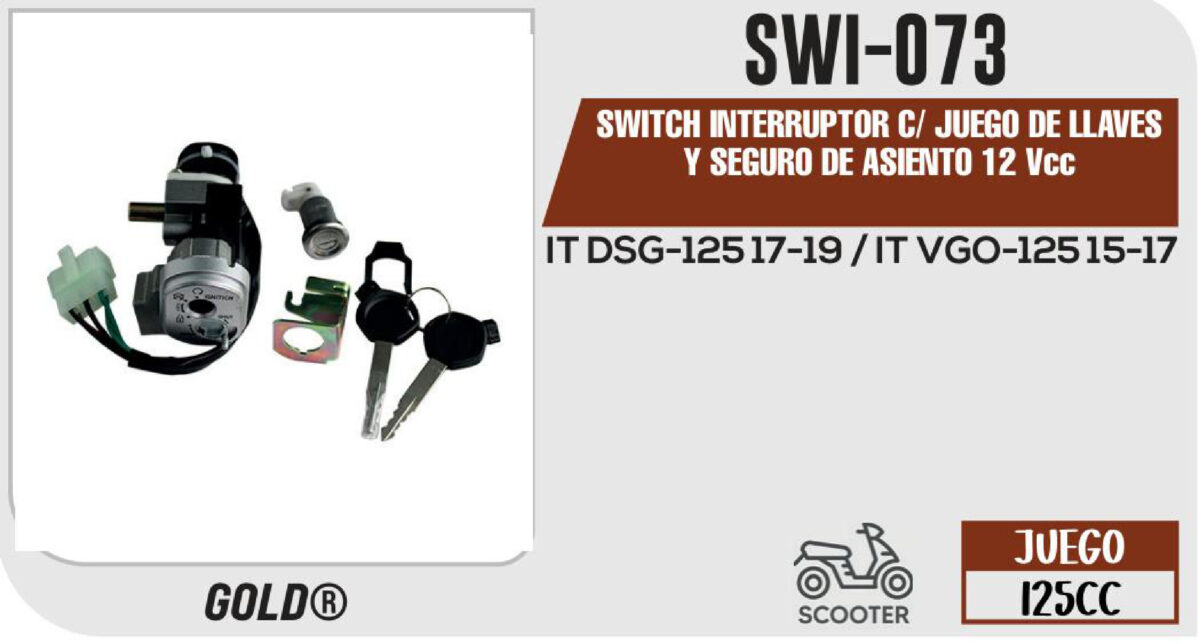 SWITCH INTERRUPTOR DE ENCENDIDO Y SEGURO DE ASIENTO 12Vcc CON JUEGO DE LLAVES