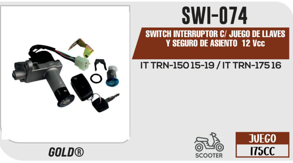 SWITCH INTERRUPTOR DE ENCENDIDO Y SEGURO DE ASIENTO 12Vcc CON JUEGO DE LLAVES