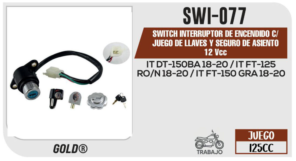 SWITCH INTERRUPTOR DE ENCENDIDO C/JUEGO DE LLAVES Y SEGURO DE ASIENTO 12Vcc