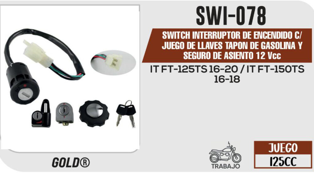 SWITCH INTERRUPTOR DE ENCENDIDO C/JUEGO DE LLAVES TAPON DE GASOLINA Y SEGURO DE ASIENTO 12Vcc