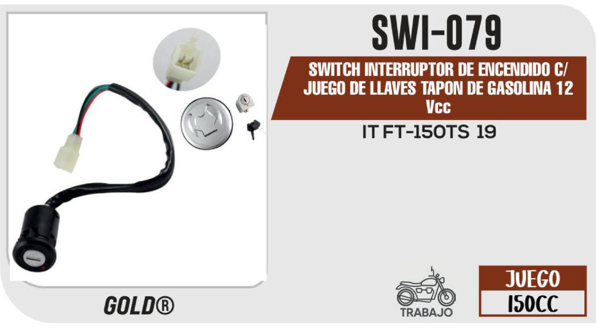 SWITCH INTERRUPTOR DE ENCENDIDO C/JUEGO DE LLAVES TAPON DE GASOLINA 12Vcc