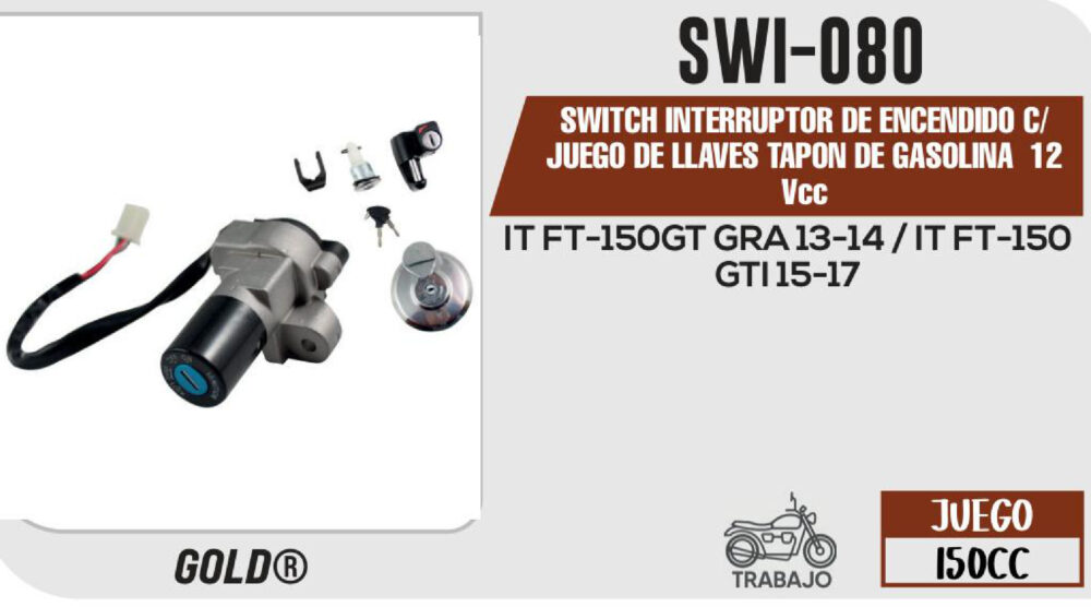 SWITCH INTERRUPTOR DE ENCENDIDO C/JUEGO DE LLAVES TAPON DE GASOLINA 12Vcc