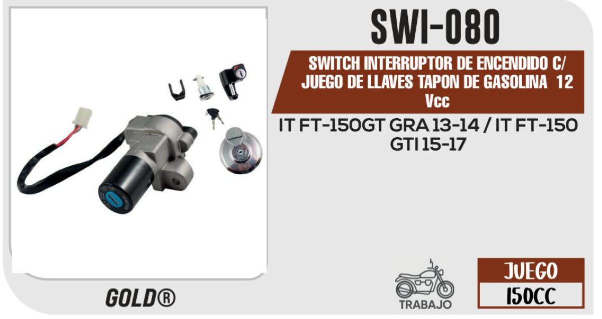 SWITCH INTERRUPTOR DE ENCENDIDO C/JUEGO DE LLAVES TAPON DE GASOLINA 12Vcc