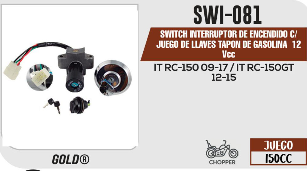 SWITCH INTERRUPTOR DE ENCENDIDO C/JUEGO DE LLAVES TAPON DE GASOLINA 12Vcc