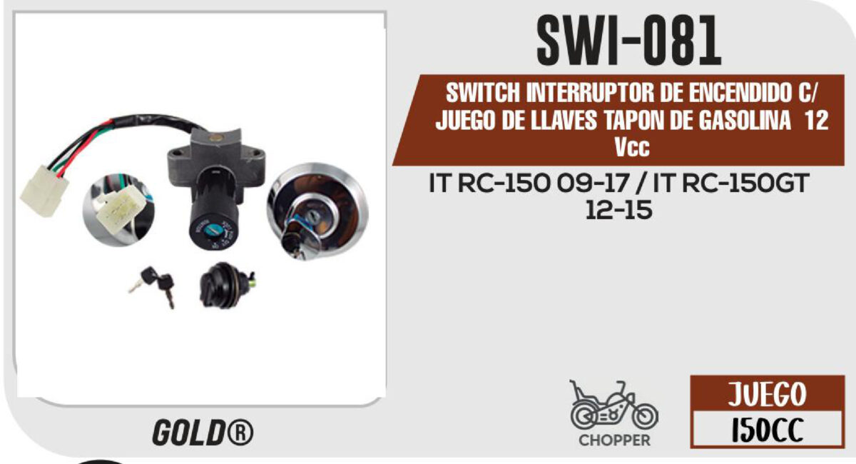 SWITCH INTERRUPTOR DE ENCENDIDO C/JUEGO DE LLAVES TAPON DE GASOLINA 12Vcc