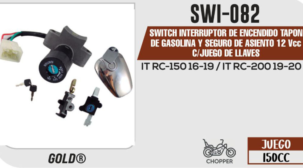 SWITCH INTERRUPTOR DE ENCENDIDO C/JUEGO DE LLAVES TAPON DE GASOLINA Y SEGURO DE ASIENTO 12Vcc