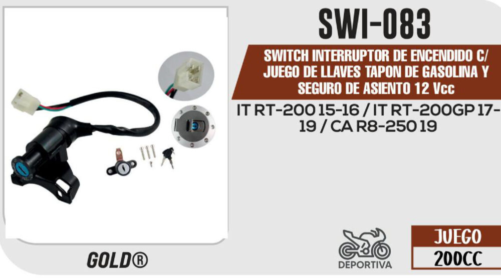 SWITCH INTERRUPTOR DE ENCENDIDO C/JUEGO DE LLAVES TAPON DE GASOLINA Y SEGURO DE ASIENTO 12Vcc