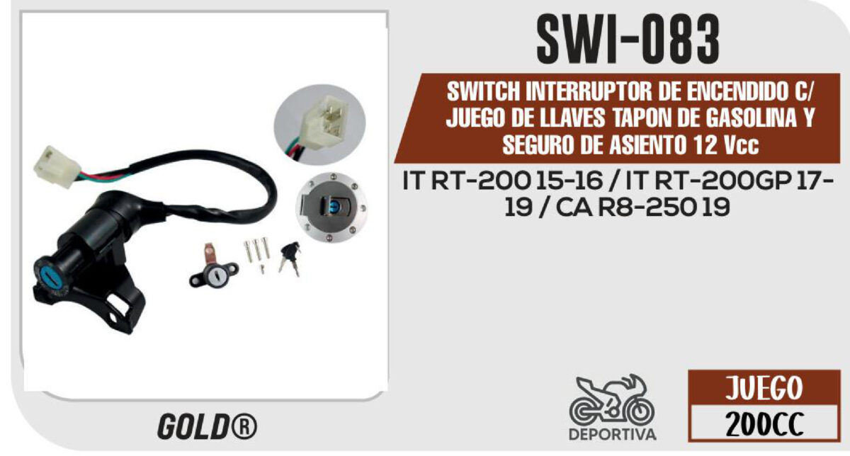 SWITCH INTERRUPTOR DE ENCENDIDO C/JUEGO DE LLAVES TAPON DE GASOLINA Y SEGURO DE ASIENTO 12Vcc