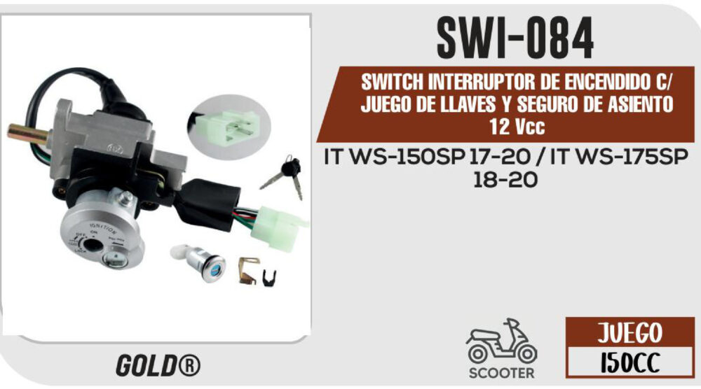 SWITCH INTERRUPTOR DE ENCENDIDO C/JUEGO DE LLAVES Y SEGURO DE ASIENTO 12Vcc