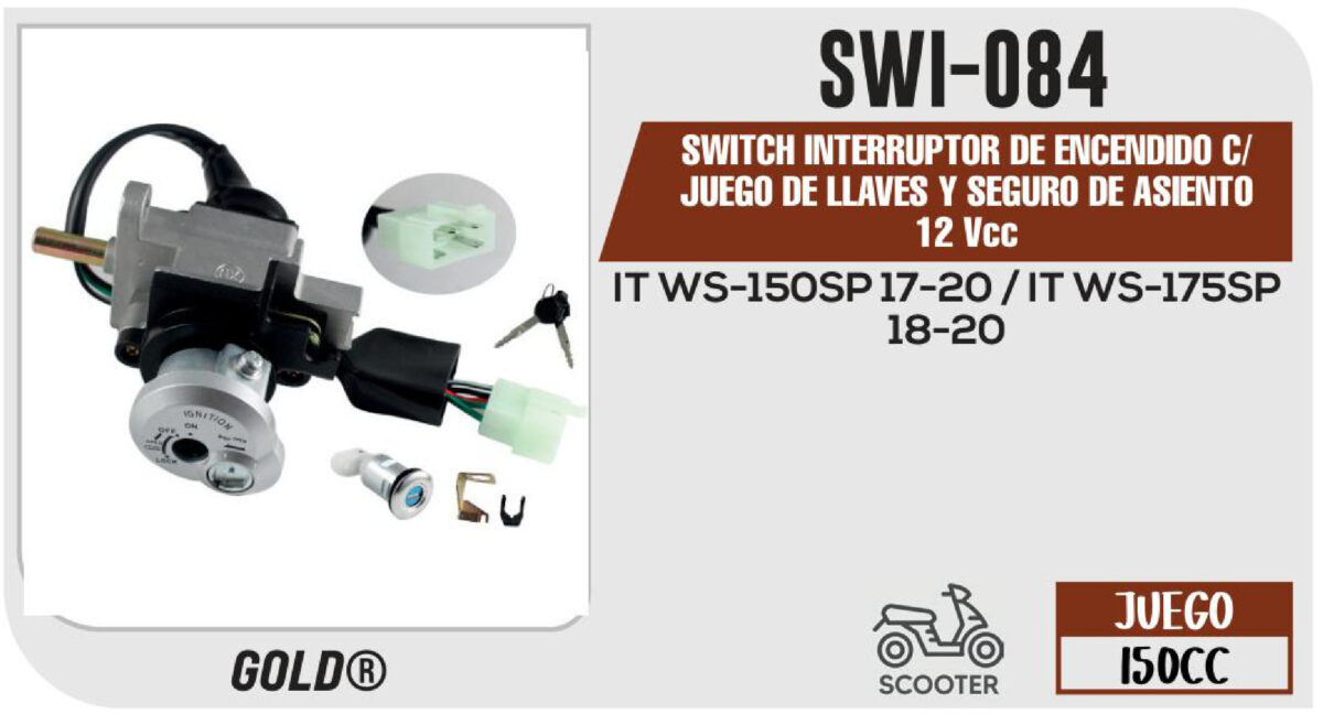 SWITCH INTERRUPTOR DE ENCENDIDO C/JUEGO DE LLAVES Y SEGURO DE ASIENTO 12Vcc