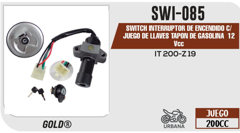 SWITCH INTERRUPTOR DE ENCENDIDO C/JUEGO DE LLAVES TAPON DE GASOLINA 12Vcc