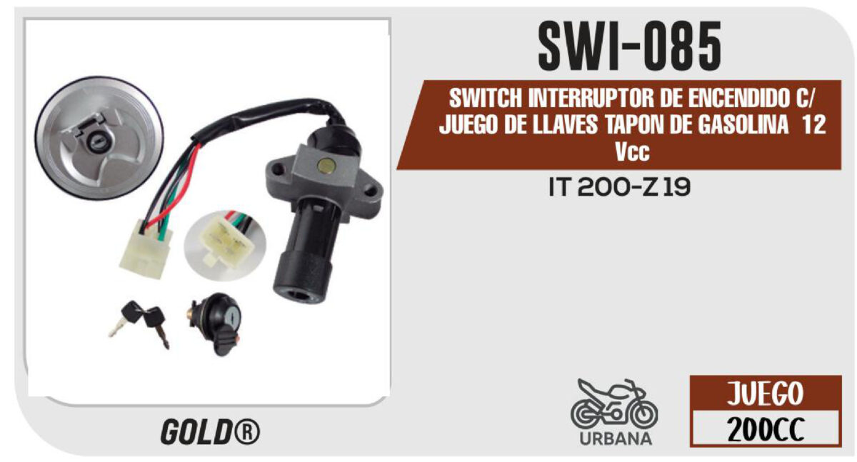 SWITCH INTERRUPTOR DE ENCENDIDO C/JUEGO DE LLAVES TAPON DE GASOLINA 12Vcc