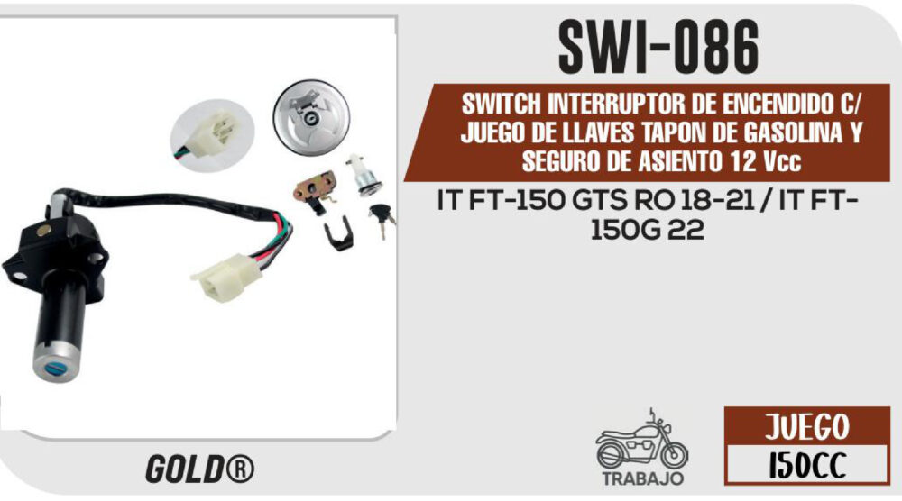 SWITCH INTERRUPTOR DE ENCENDIDO C/JUEGO DE LLAVES TAPON DE GASOLINA Y SEGURO DE ASIENTO 12Vcc