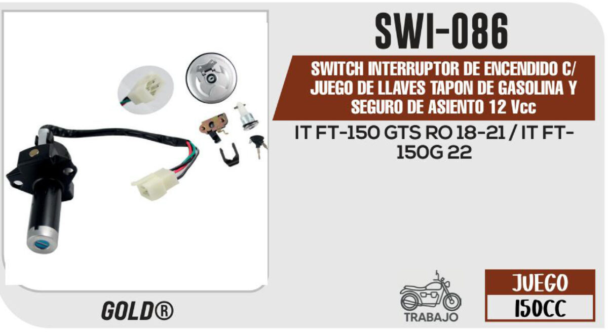SWITCH INTERRUPTOR DE ENCENDIDO C/JUEGO DE LLAVES TAPON DE GASOLINA Y SEGURO DE ASIENTO 12Vcc